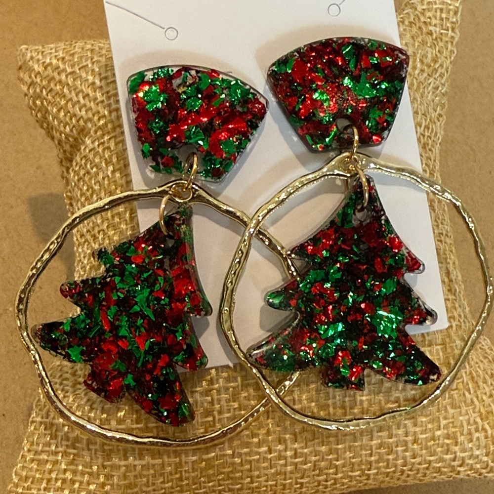 Festive Red and Green Christmas Tree Earrings